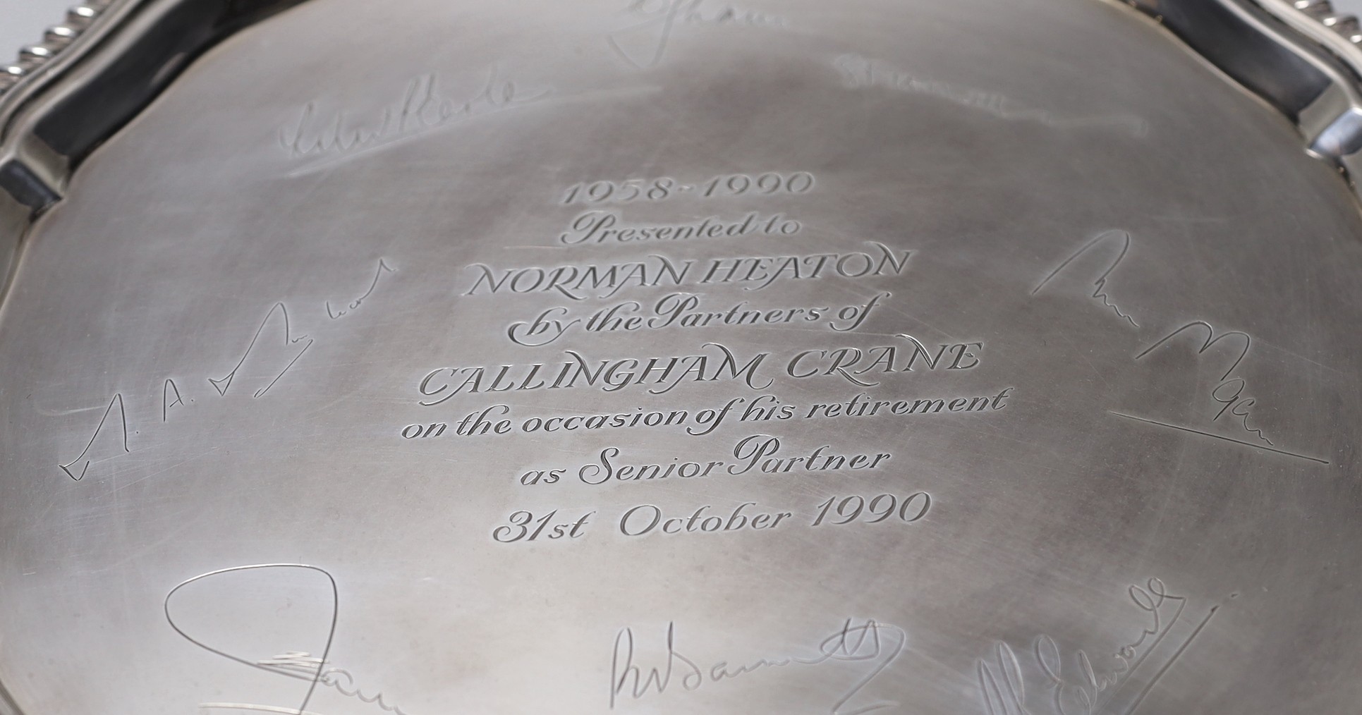 An Elizabeth II silver salver, with engraved signatures and inscription, C.J. Vander Ltd, London, 1990, 31cm, 31.6oz.